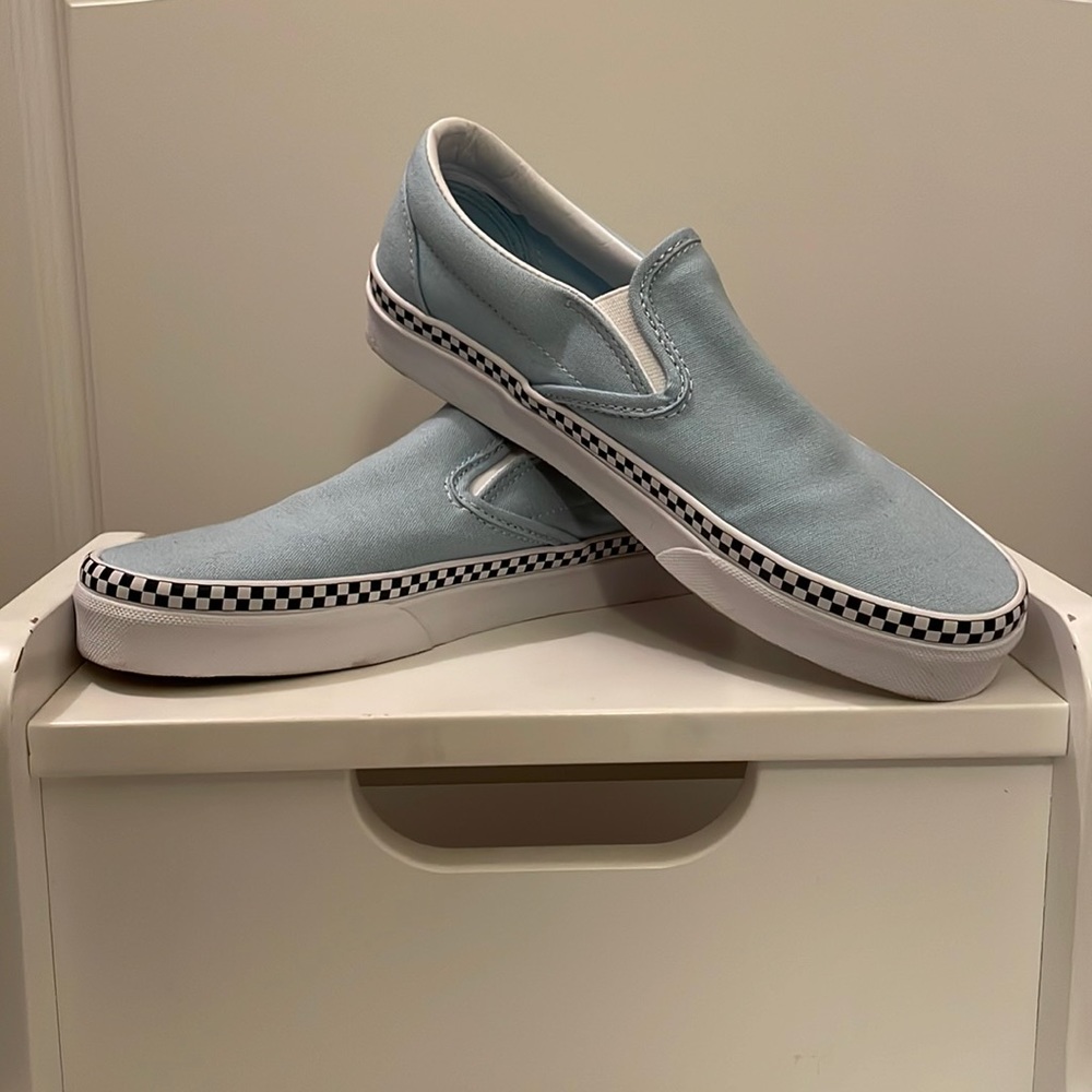 Vans light blue with checkerboard slip on shoes